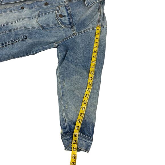 Upcycled Denim Jacket Womens Large Star Boho Grunge Patchwork Folk Art Coachella - Picture 11 of 14